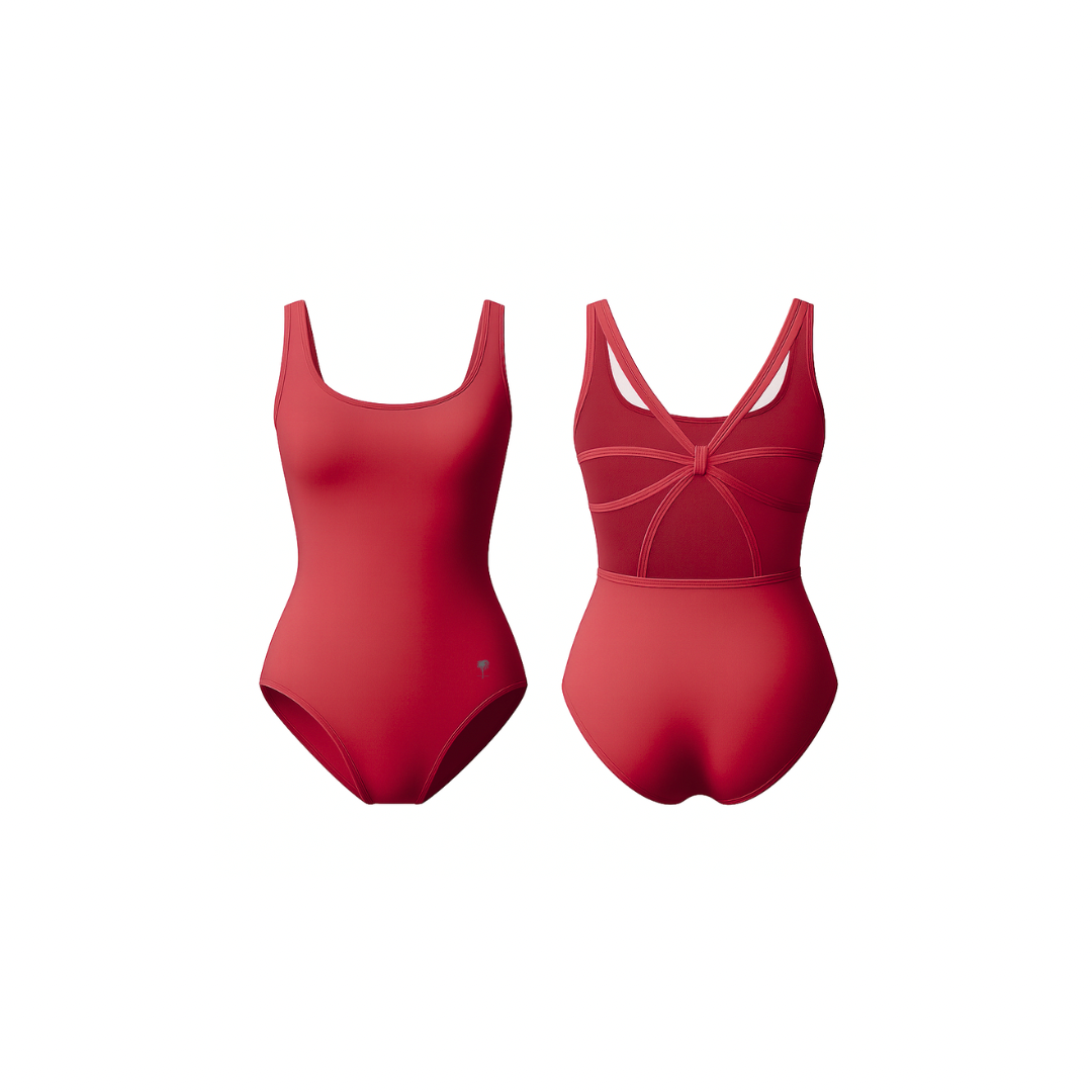 Minimalist red one-piece bodysuit with scoop neckline and sculpted mesh back detailing, designed for movement, performance, and feminine elegance.