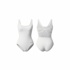 Minimalist white one-piece bodysuit with scoop neckline and sculpted mesh back detailing, designed for movement, performance, and feminine elegance.