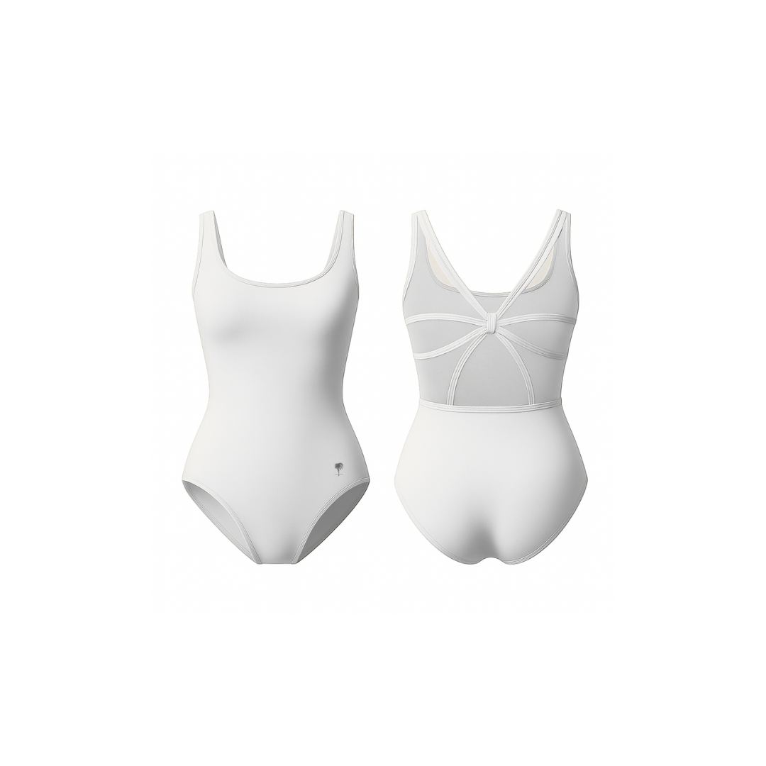 Minimalist white one-piece bodysuit with scoop neckline and sculpted mesh back detailing, designed for movement, performance, and feminine elegance.