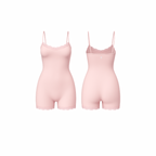 Minimalist seamless romper in rich blush pink shade with delicate lace trim and subtle Palm embroidery, front and back view on white background.