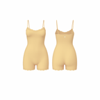 Minimalist seamless romper in rich butter nude shade with delicate lace trim and subtle Palm embroidery, front and back view on white background.