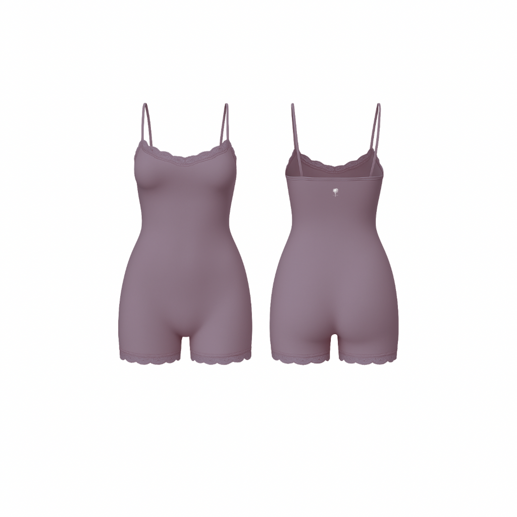 Minimalist seamless romper in rich muted mauve shade with delicate lace trim and subtle Palm embroidery, front and back view on white background.