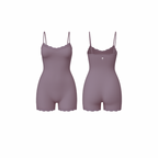 Minimalist seamless romper in rich muted mauve shade with delicate lace trim and subtle Palm embroidery, front and back view on white background.