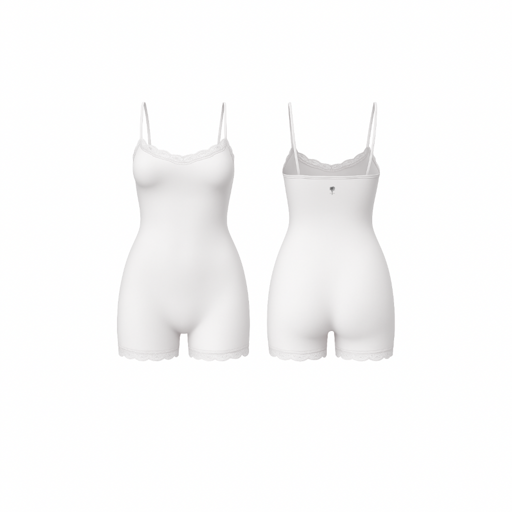 Minimalist seamless romper in white nude shade with delicate lace trim and subtle Palm embroidery, front and back view on white background.