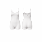 Minimalist seamless romper in white nude shade with delicate lace trim and subtle Palm embroidery, front and back view on white background.