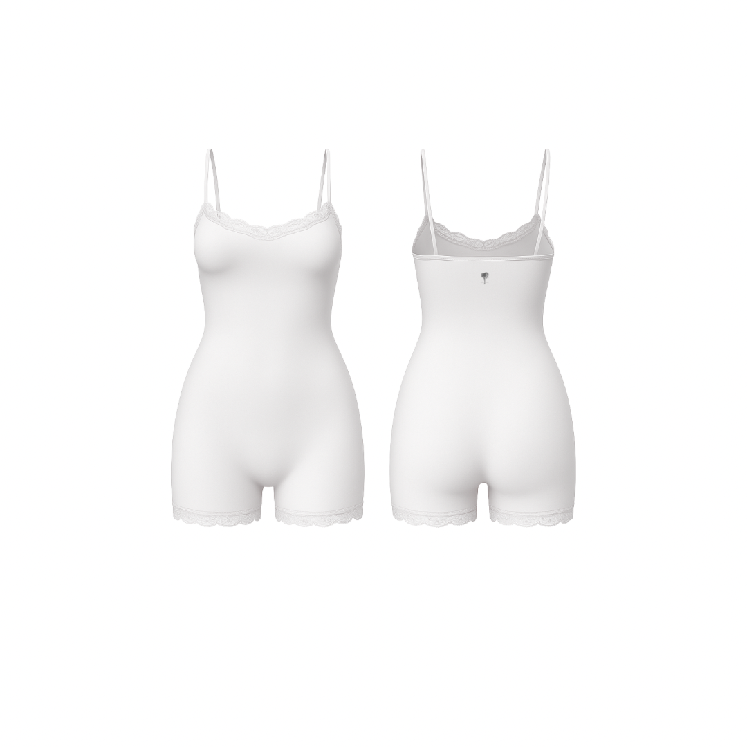 Minimalist seamless romper in white nude shade with delicate lace trim and subtle Palm embroidery, front and back view on white background.