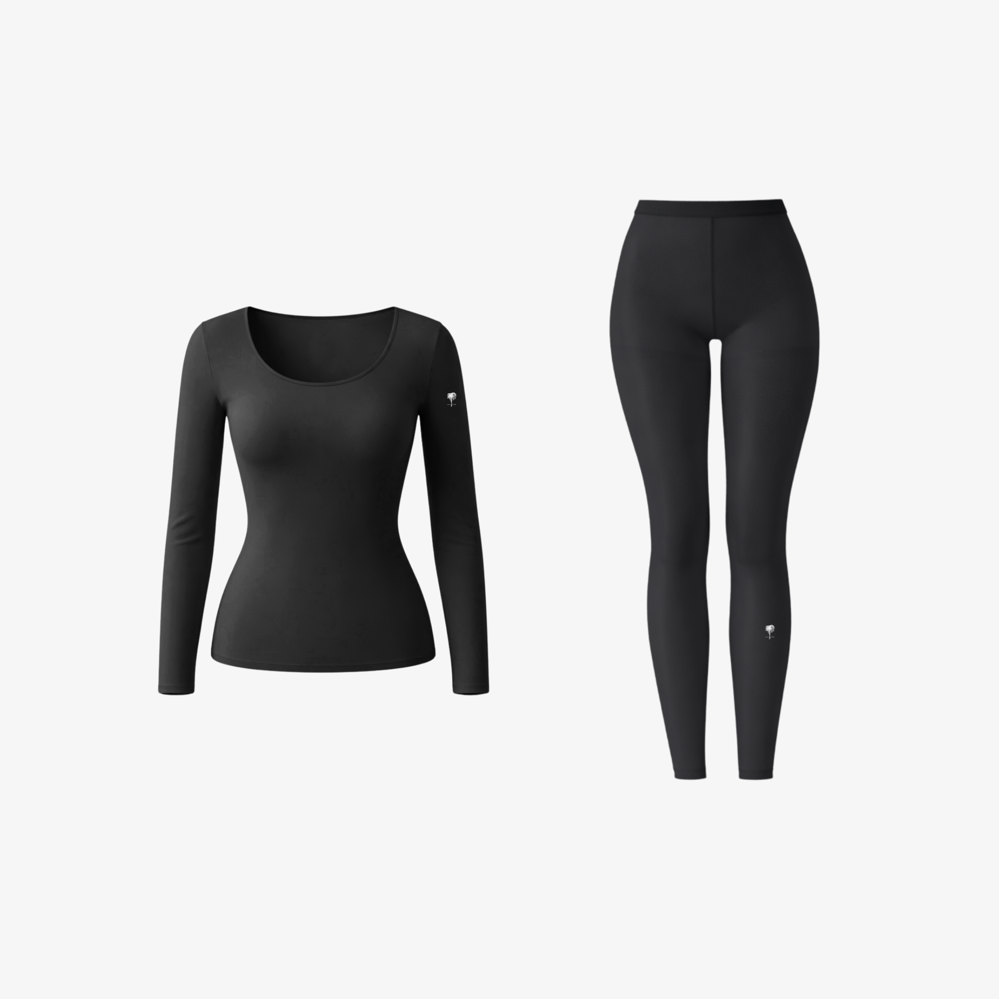 A sleek black seamless long-sleeve top and matching high-waisted leggings displayed on a white background, featuring a small white palm tree logo.