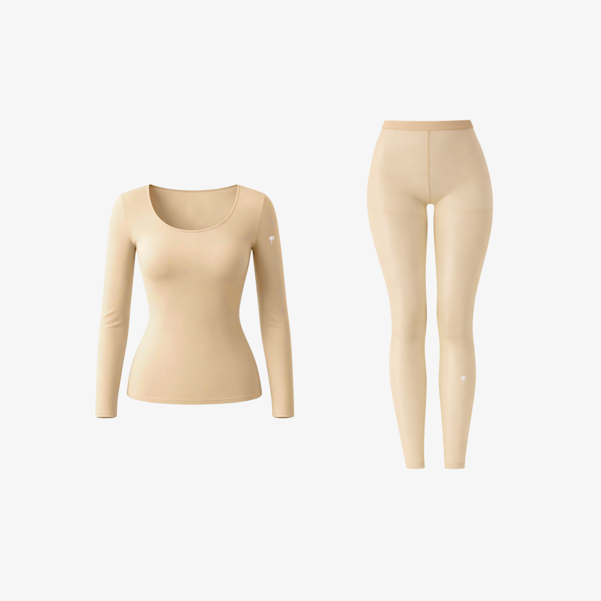 A bodily-toned seamless long-sleeve top and matching leggings, highlighting the "second skin" feel and minimalist design.