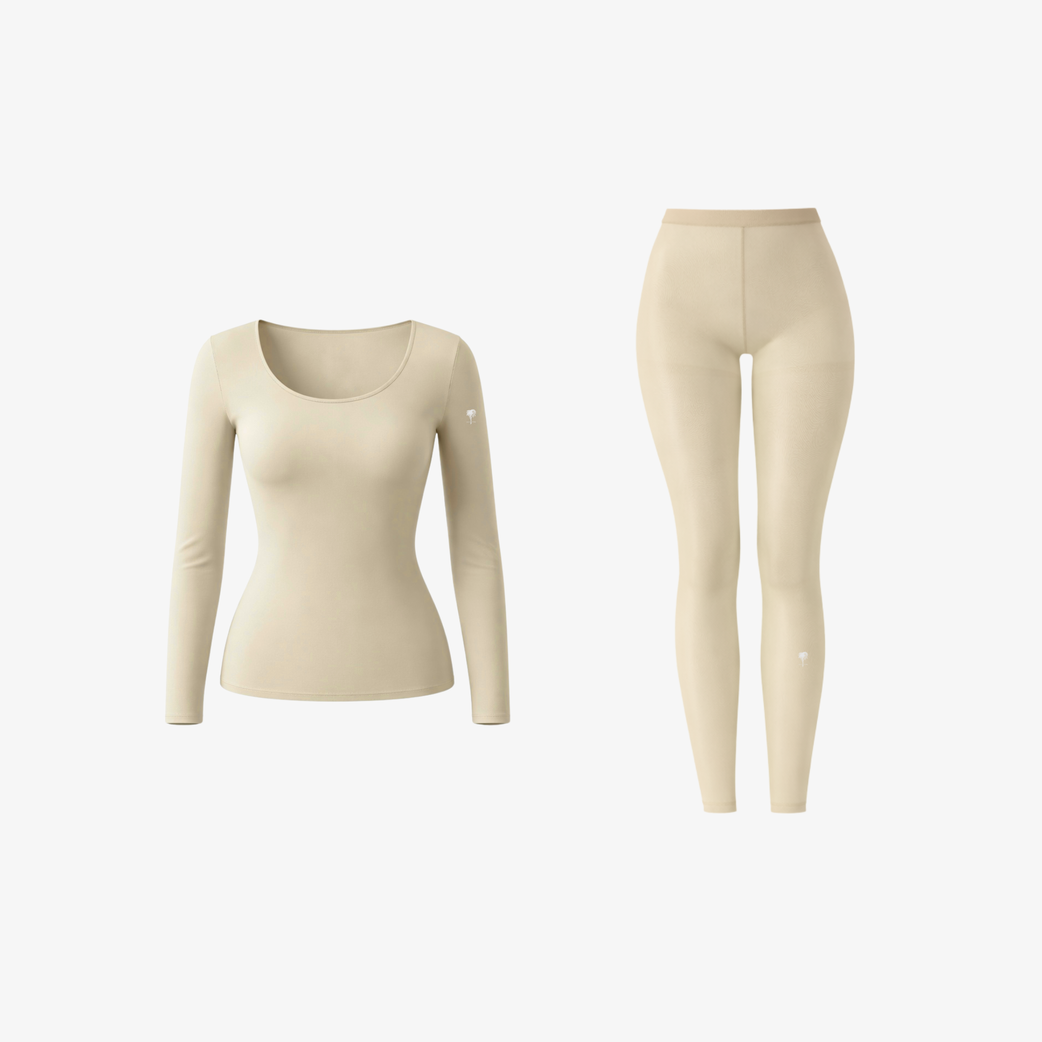 A Butter Cream seamless long-sleeve top and matching high-waisted leggings displayed on a white background, featuring a small palm tree logo.