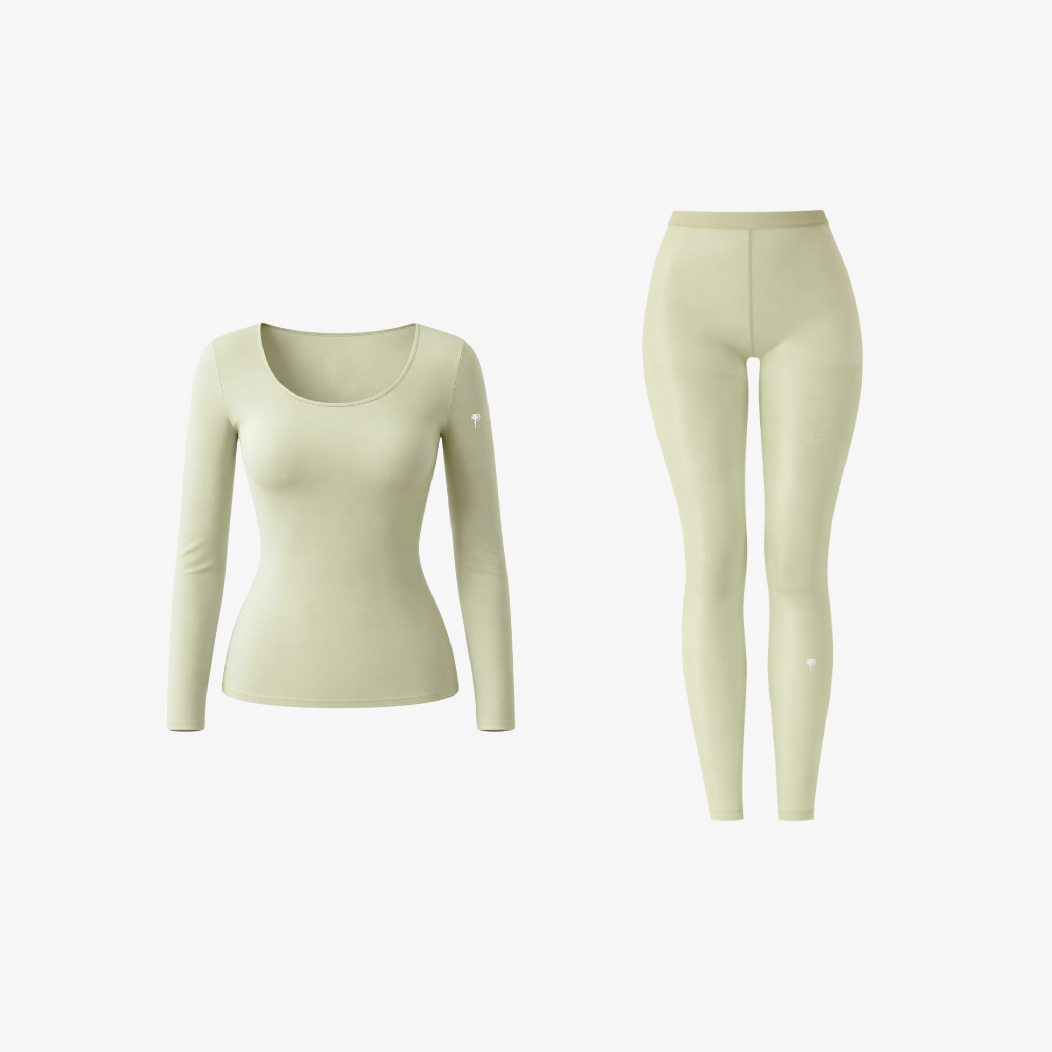 An olive green seamless long-sleeve top and matching high-waisted leggings displayed on a white background, featuring a small palm tree logo.