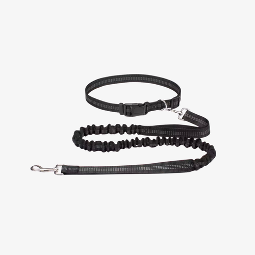 The Palm ElasticPro™ Hands-Free Dog Leash in Black with adjustable waist belt and shock-absorbing bungee.