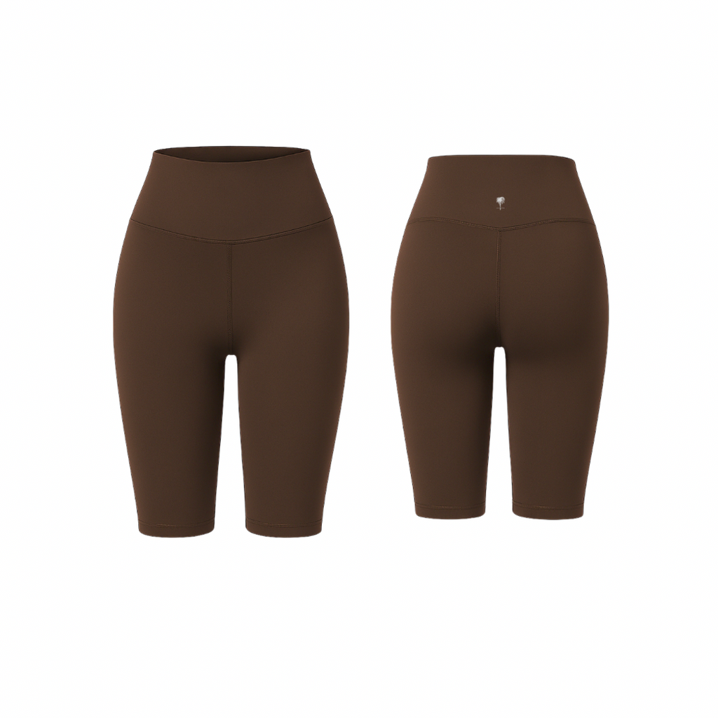 Cocoa Brown high-waist sculpting biker shorts with a smooth finish, shown from front and back on a white background