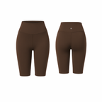 Cocoa Brown high-waist sculpting biker shorts with a smooth finish, shown from front and back on a white background
