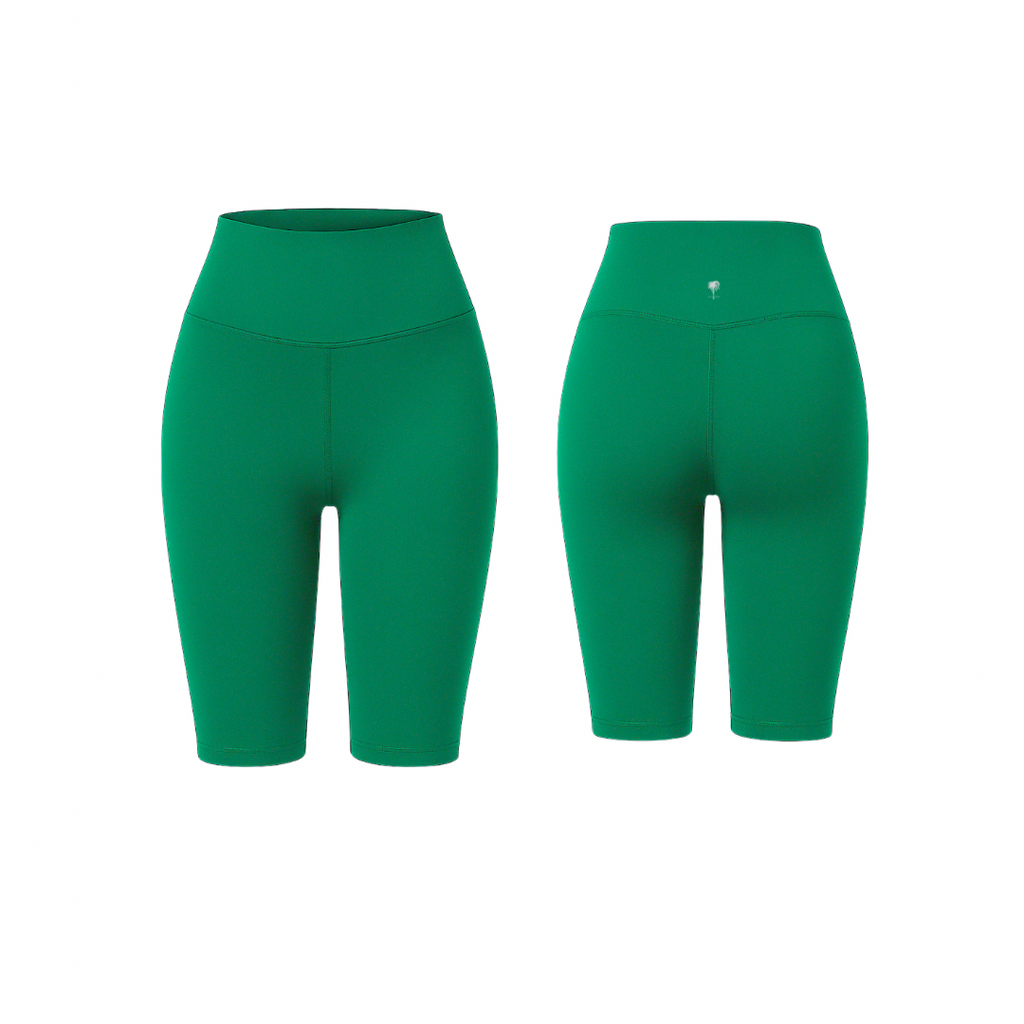 Emerald Green high-waist sculpting biker shorts with a smooth finish, shown from front and back on a white background
