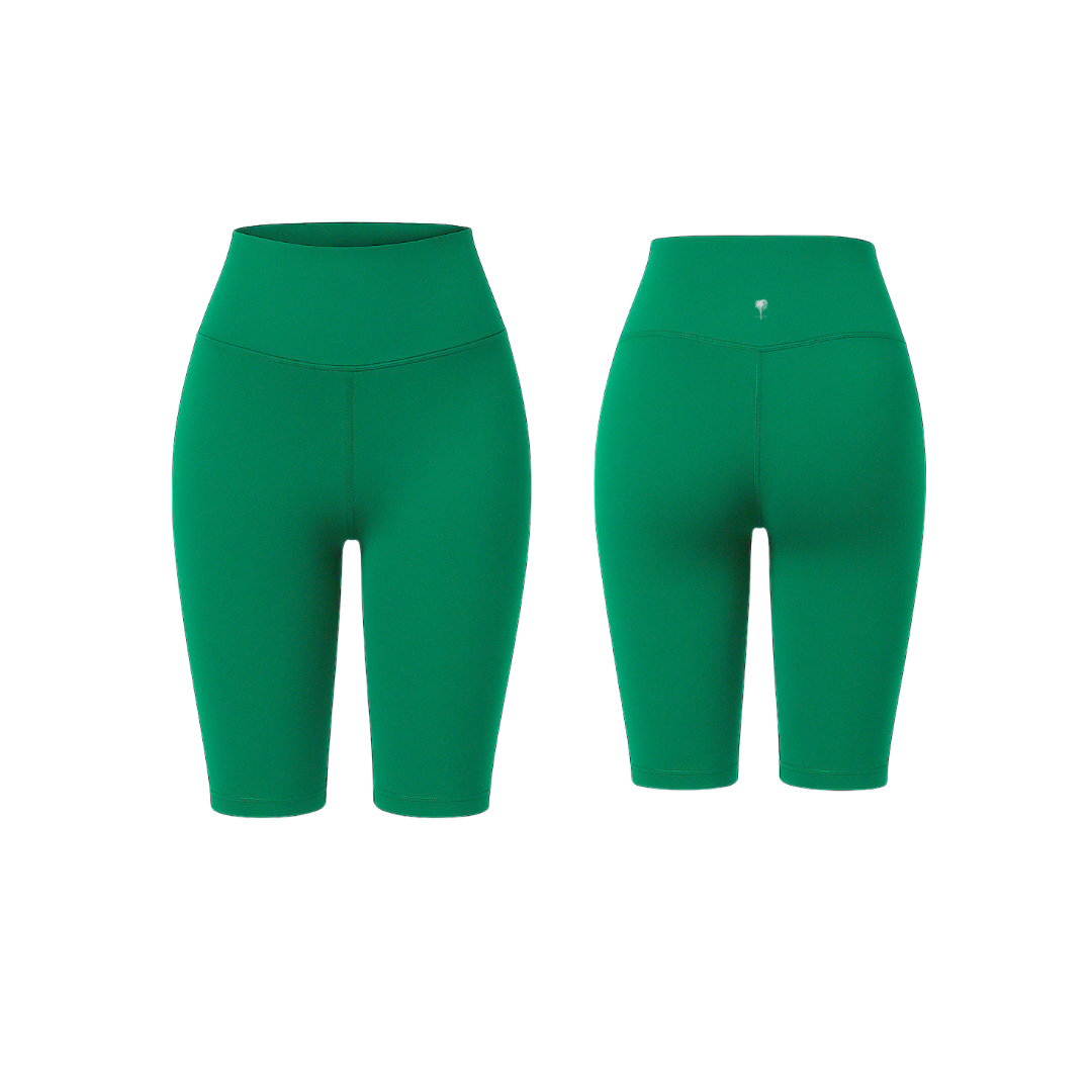 Emerald Green high-waist sculpting biker shorts with a smooth finish, shown from front and back on a white background