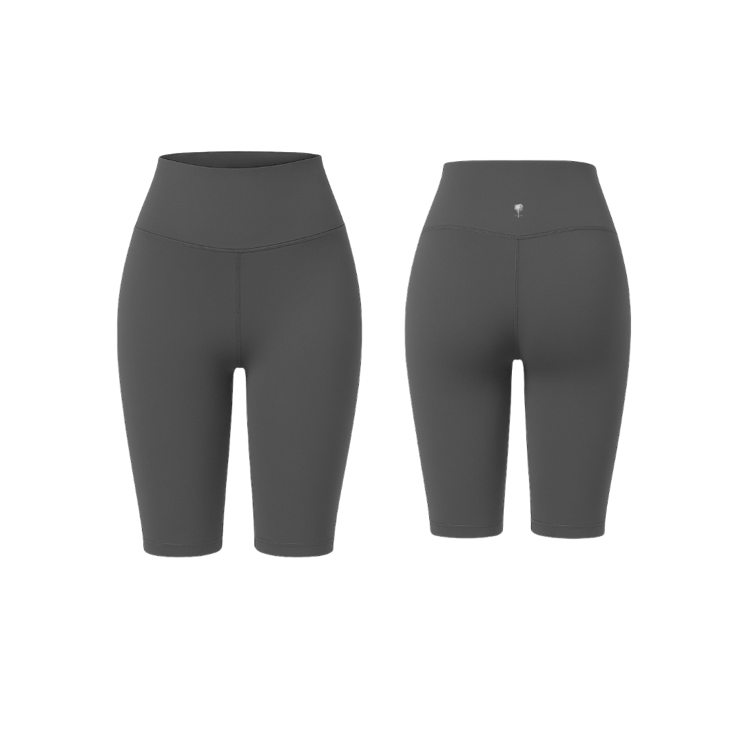 Graphite Grey high-waist sculpting biker shorts with a smooth finish, shown from front and back on a white background