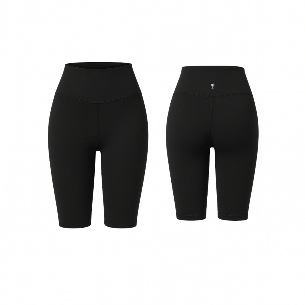 Jet Black high-waist sculpting biker shorts with a smooth finish, shown from front and back on a white background