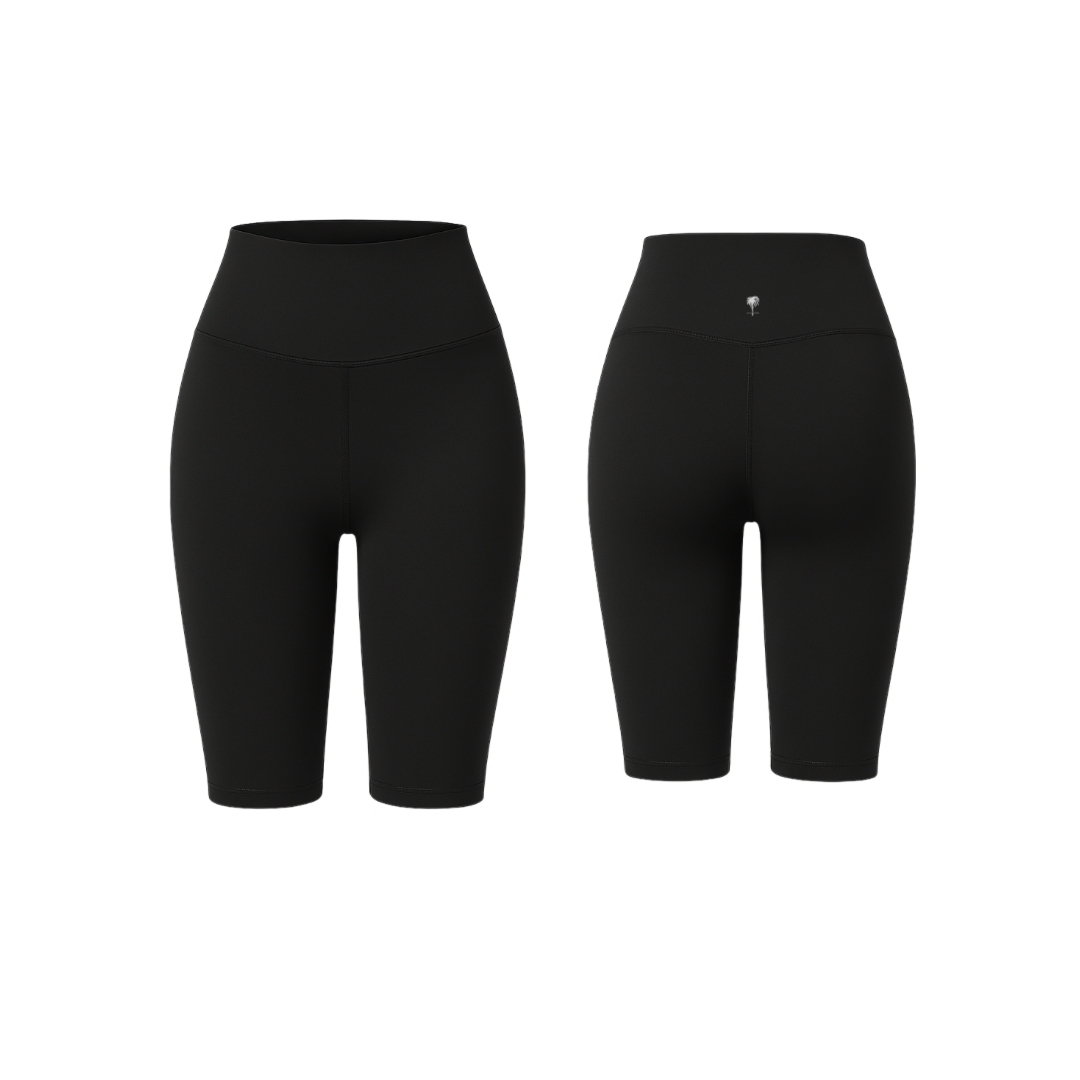 Jet Black high-waist sculpting biker shorts with a smooth finish, shown from front and back on a white background