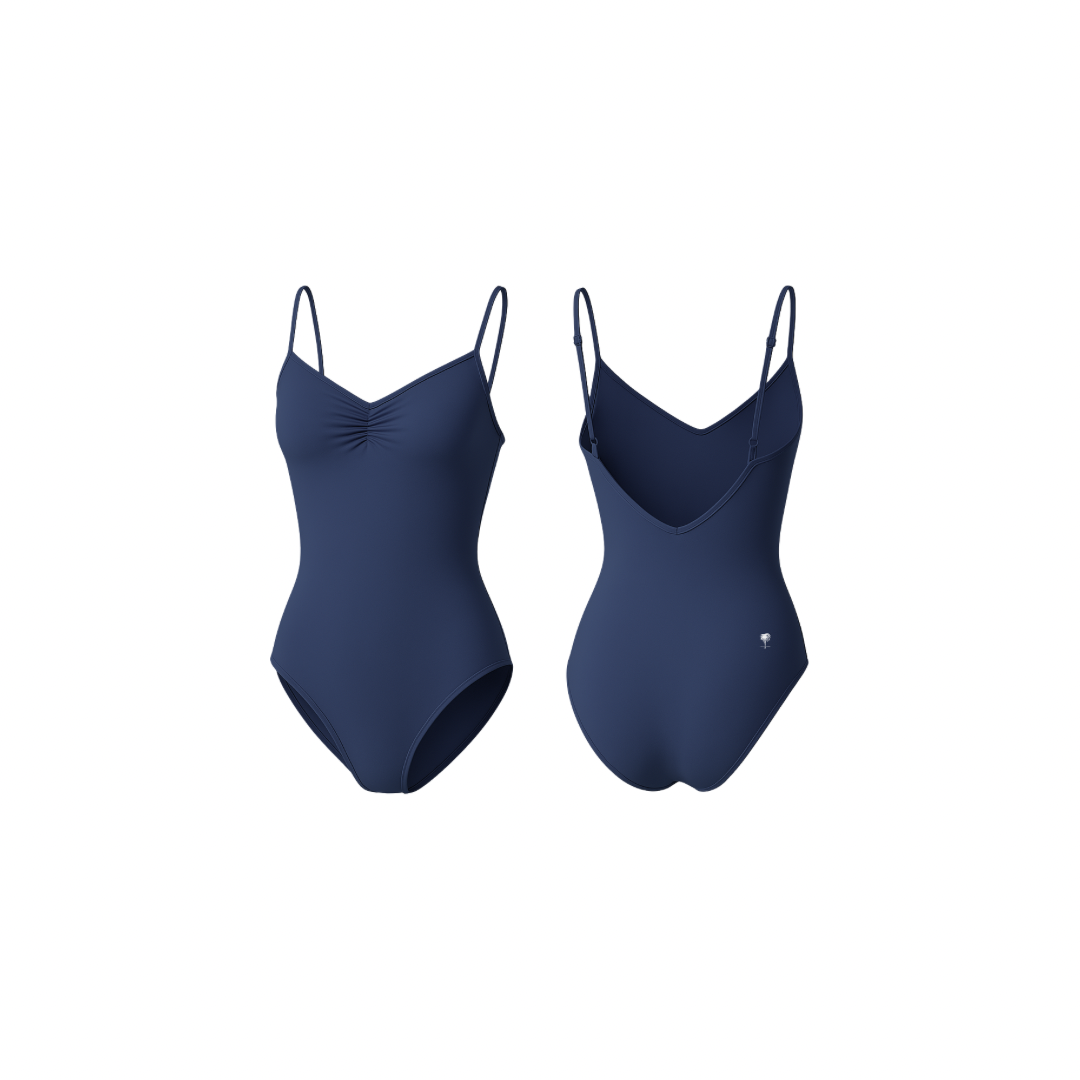 Seamless deep navy sculpting body with a clean silhouette and smooth finish, shown from front and back on a white background.