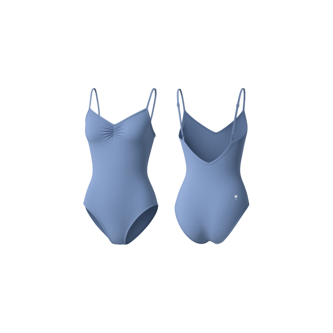 Seamless dusty blue sculpting body with a clean silhouette and smooth finish, shown from front and back on a white background.