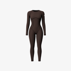 A rich coffee brown seamless onepiece featuring a sculpting fit, round neck, and minimalist silhouette, shown on a white background.
