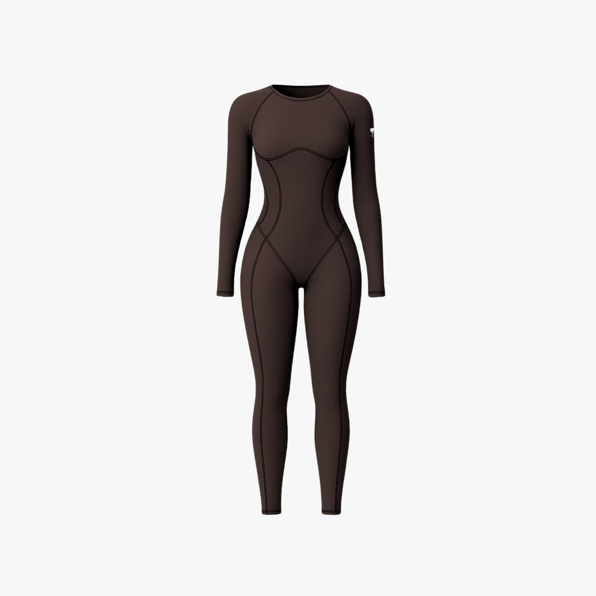 A rich coffee brown seamless onepiece featuring a sculpting fit, round neck, and minimalist silhouette, shown on a white background.