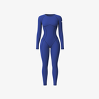 A deep blue seamless onepiece featuring a sculpting fit, round neck, and minimalist silhouette, shown on a white background.