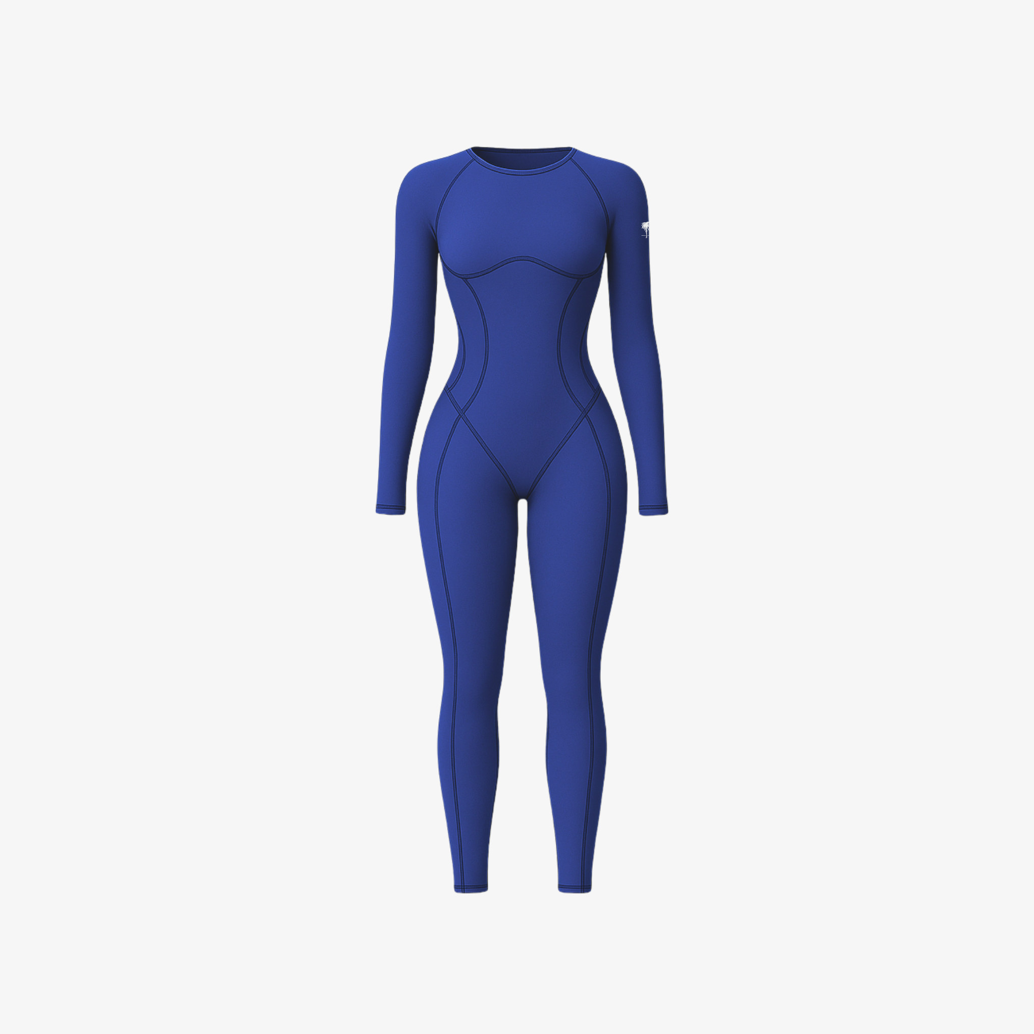 A deep blue seamless onepiece featuring a sculpting fit, round neck, and minimalist silhouette, shown on a white background.