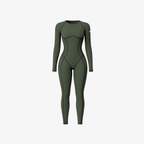 An olive green seamless onepiece featuring a sculpting fit, round neck, and minimalist silhouette, shown on a white background.