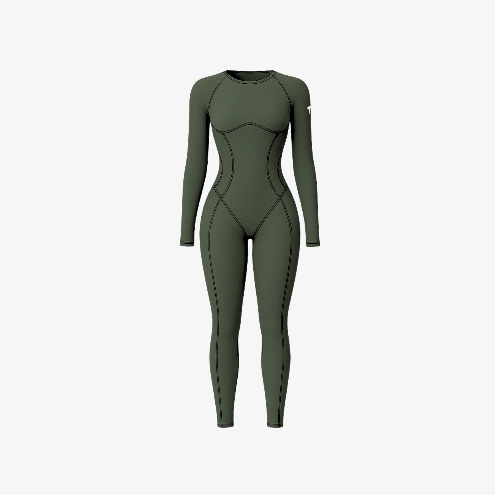 An olive green seamless onepiece featuring a sculpting fit, round neck, and minimalist silhouette, shown on a white background.