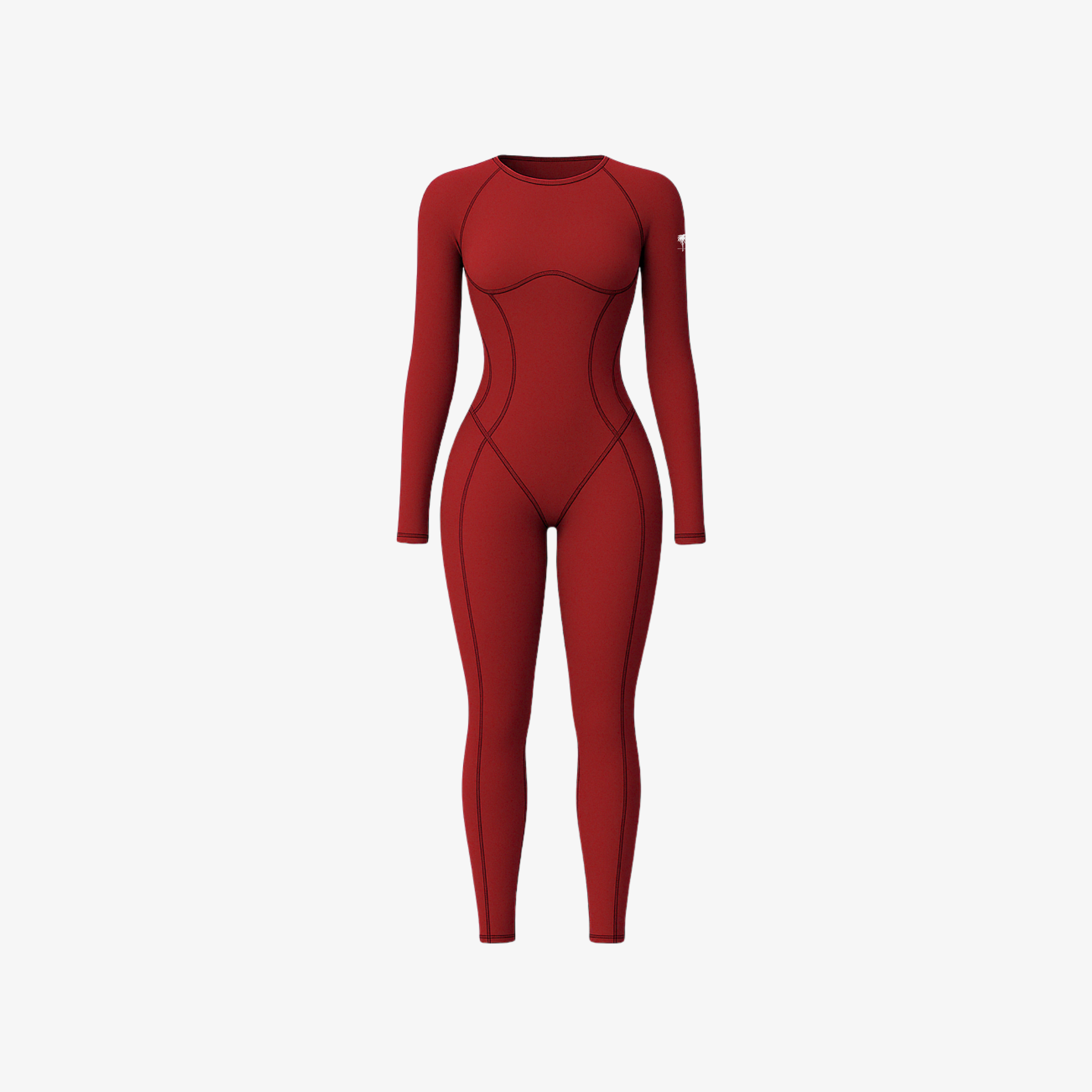 A vibrant red seamless onepiece featuring a sculpting fit, round neck, and minimalist silhouette, shown on a white background.