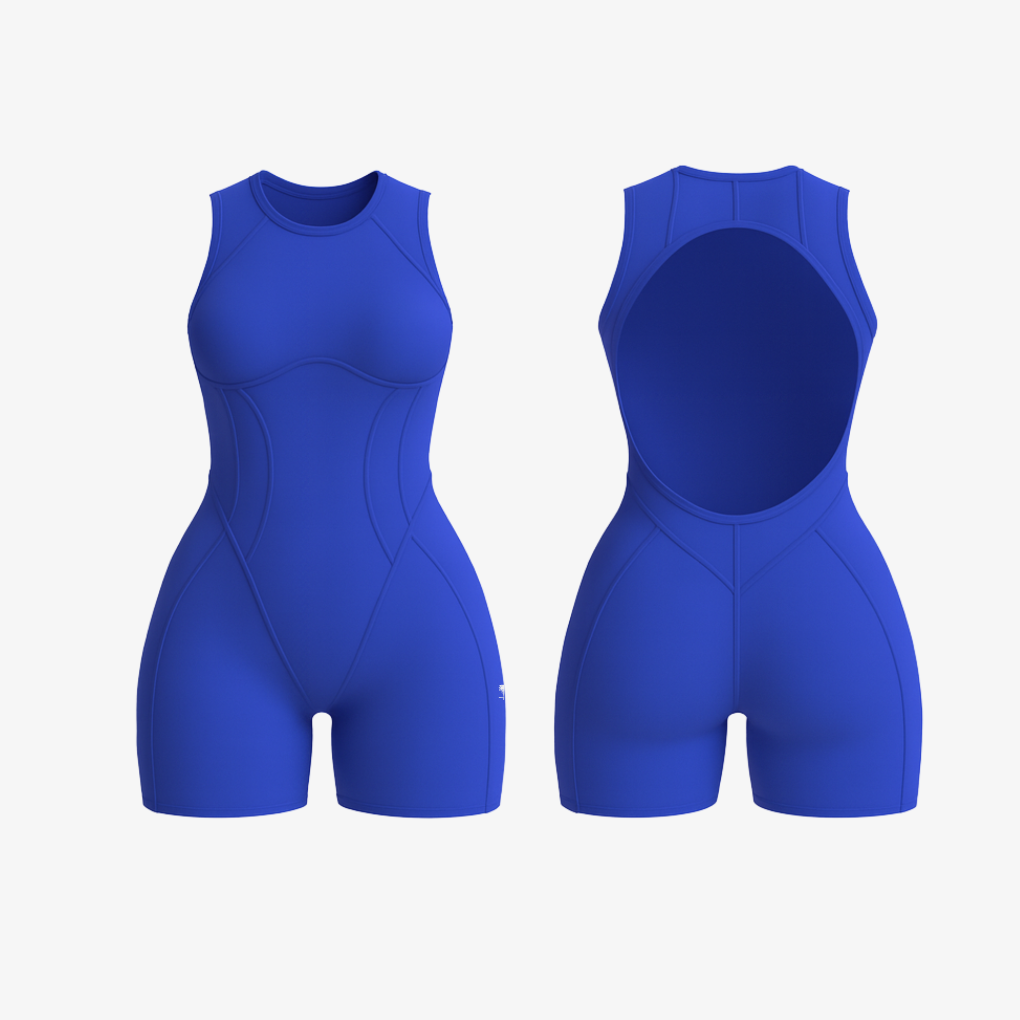 Bright Electric Ocean SculptForm™ romper with a body-hugging fit and breathable second-skin feel by The Palm.