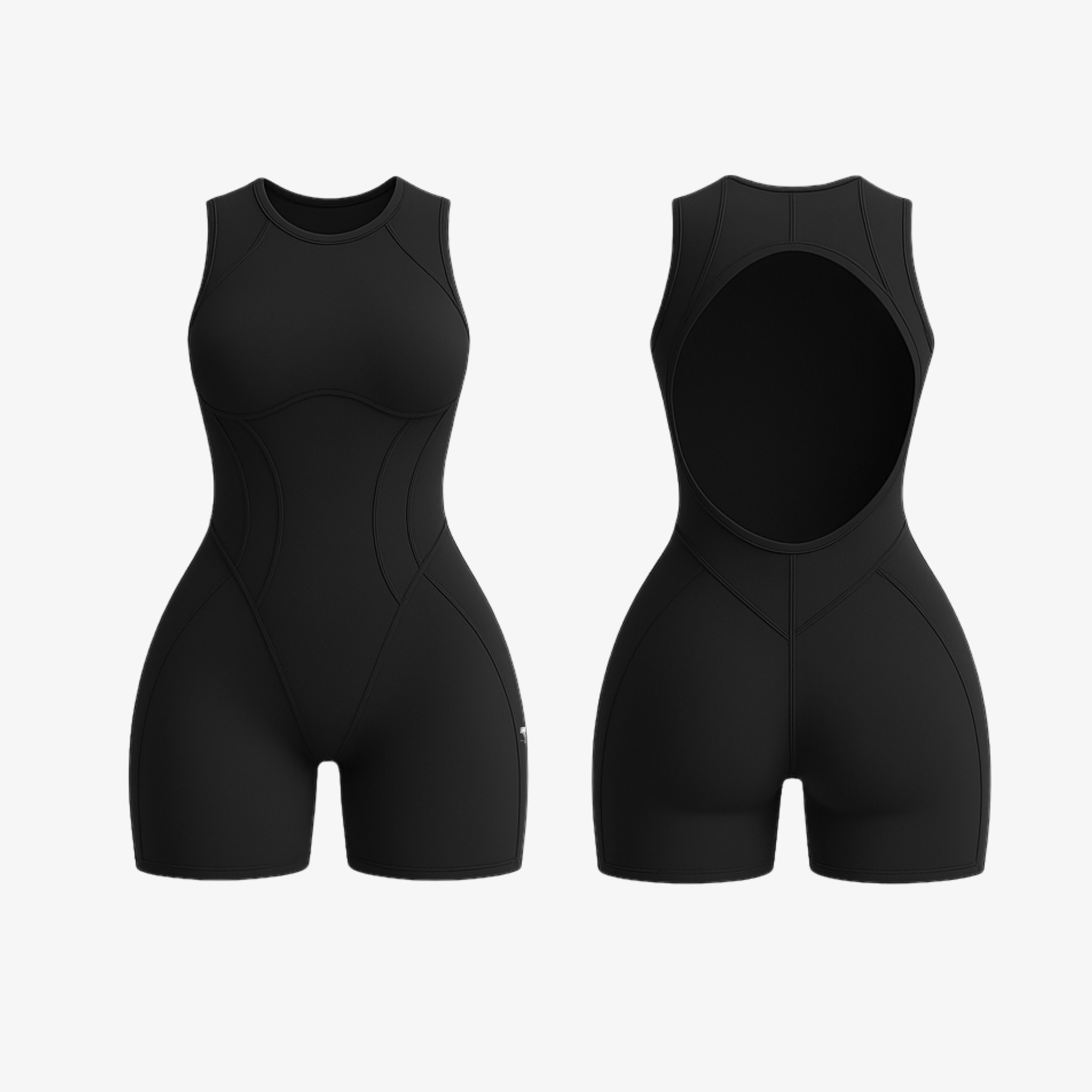 Sleek Jet Black SculptForm™ romper by The Palm, featuring an open-back design and second-skin sculpting support.