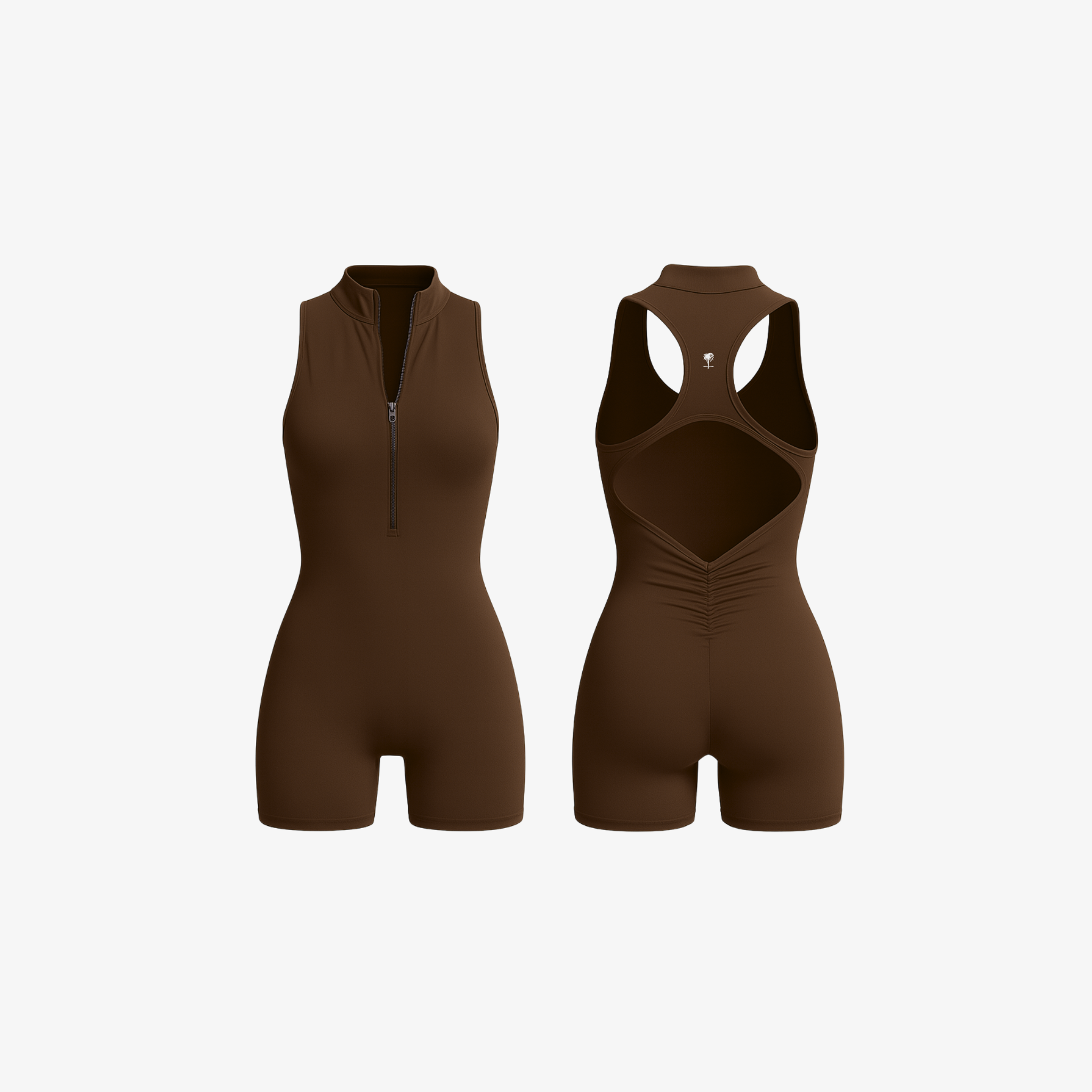 Earthy Brown SculptZip™ sculpting romper, offering fluid movement and a body-hugging fit for training or daily wear.