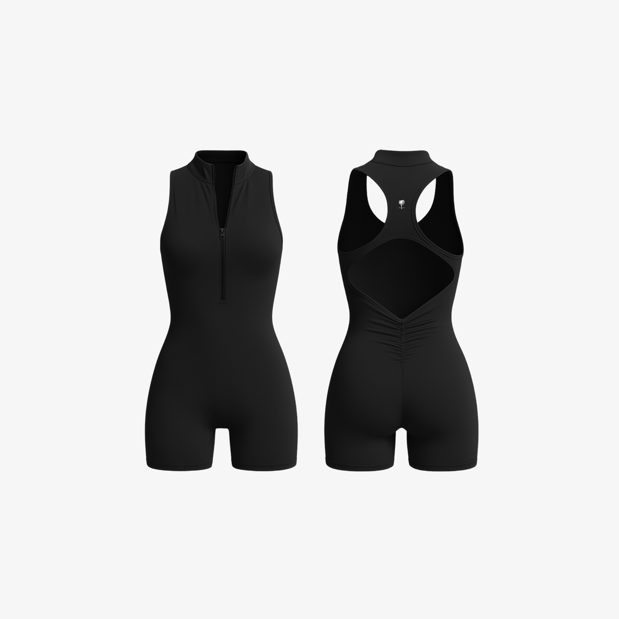 Sleek Jet Black SculptZip™ romper by The Palm, featuring a smooth front zip and contouring second-skin silhouette.