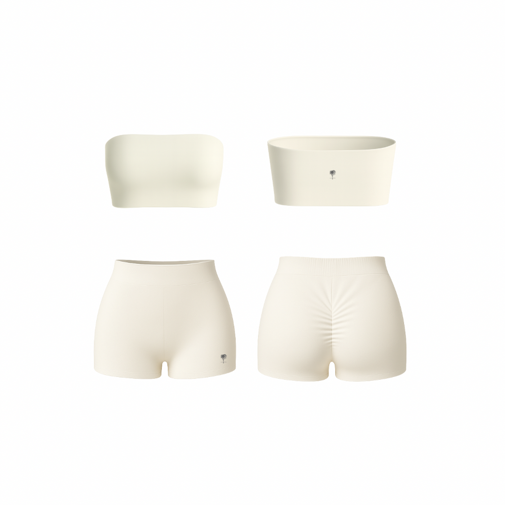 Minimalist beige bandeau and ruched shorts set — seamless, sculpting, and soft-touch design by The Palm.