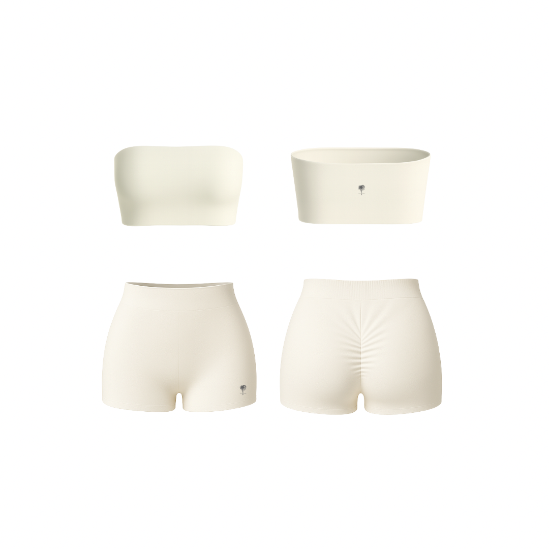 Minimalist beige bandeau and ruched shorts set — seamless, sculpting, and soft-touch design by The Palm.