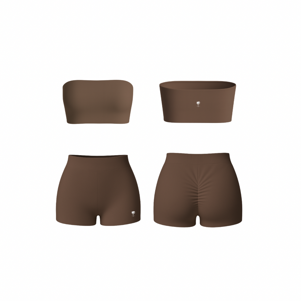 Minimalist brown bandeau and ruched shorts set — seamless, sculpting, and soft-touch design by The Palm.