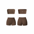 Minimalist brown bandeau and ruched shorts set — seamless, sculpting, and soft-touch design by The Palm.