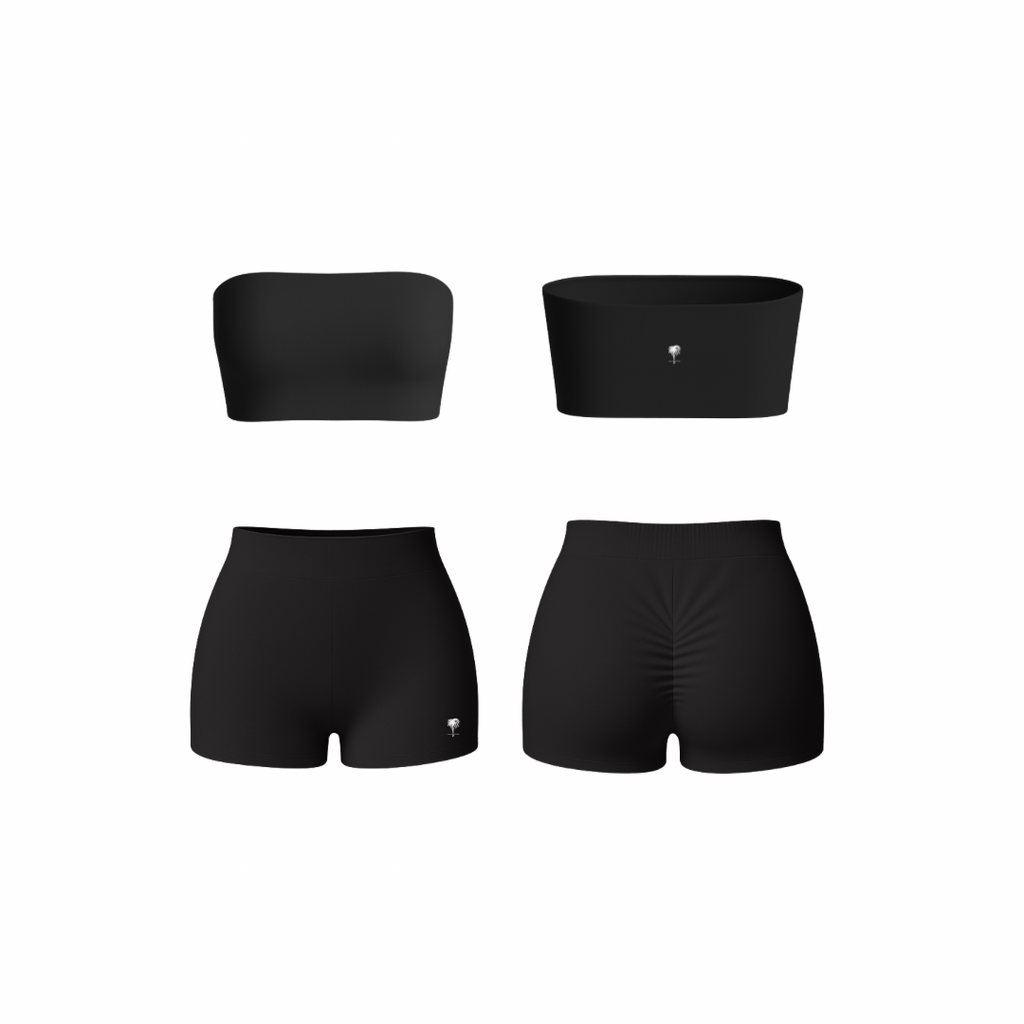 Minimalist jet black bandeau and ruched shorts set — seamless, sculpting, and soft-touch design by The Palm.