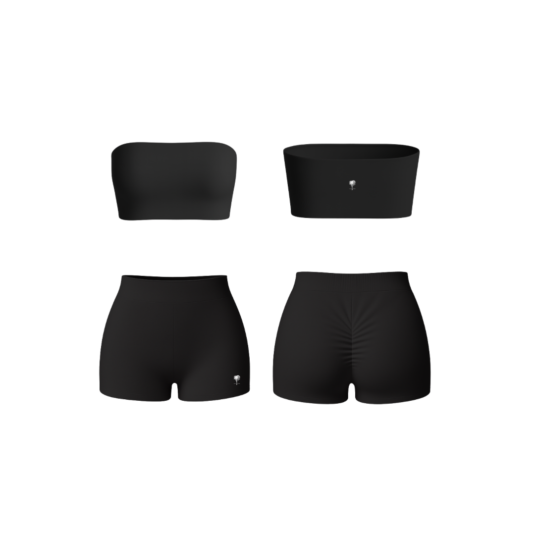 Minimalist jet black bandeau and ruched shorts set — seamless, sculpting, and soft-touch design by The Palm.