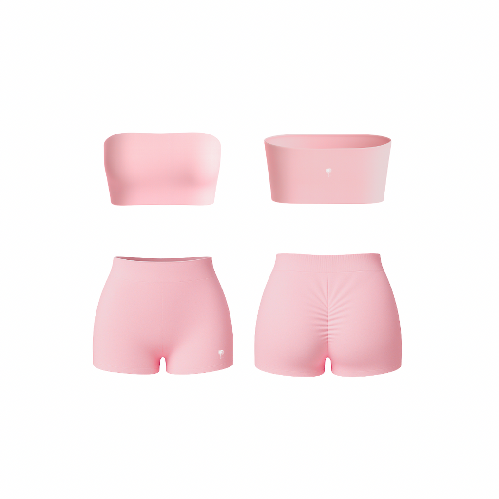 Minimalist pink bandeau and ruched shorts set — seamless, sculpting, and soft-touch design by The Palm.