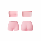 Minimalist pink bandeau and ruched shorts set — seamless, sculpting, and soft-touch design by The Palm.