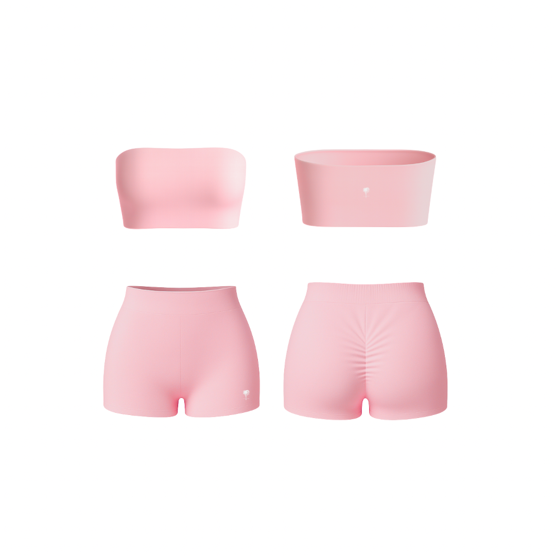 Minimalist pink bandeau and ruched shorts set — seamless, sculpting, and soft-touch design by The Palm.