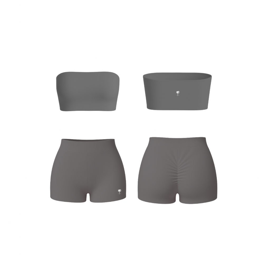 Minimalist silver bandeau and ruched shorts set — seamless, sculpting, and soft-touch design by The Palm.