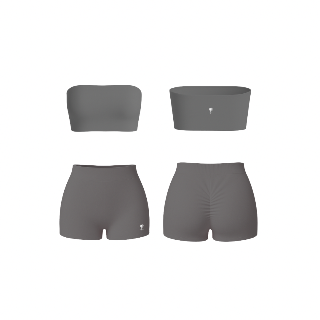 Minimalist silver bandeau and ruched shorts set — seamless, sculpting, and soft-touch design by The Palm.