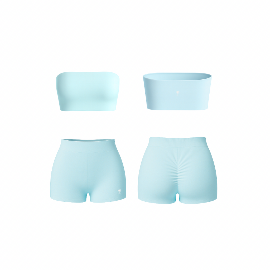 Minimalist sky blue bandeau and ruched shorts set — seamless, sculpting, and soft-touch design by The Palm.