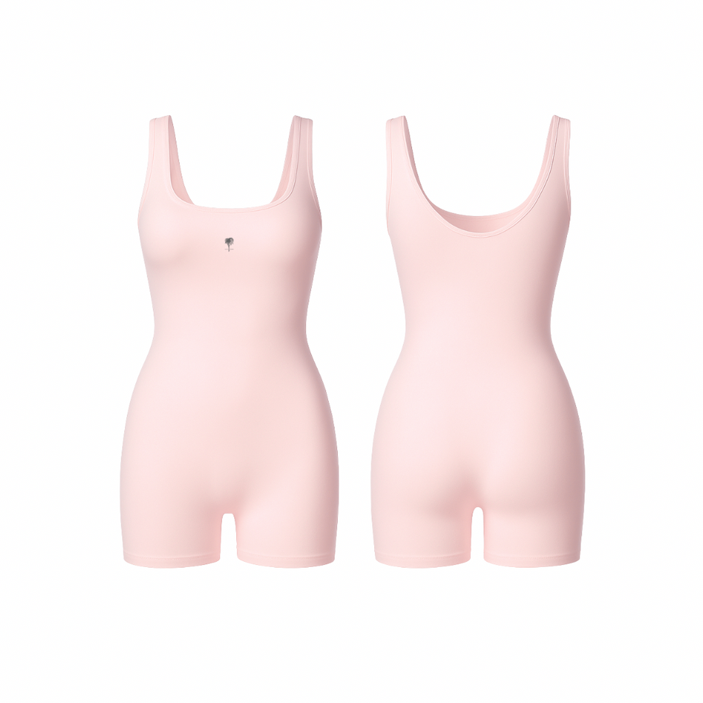 Seamless blush pink full-length sculpting one-piece with smooth compression and minimalist design, shown from front and back on a white background.