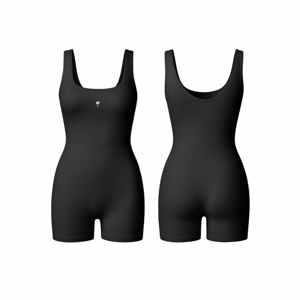 Seamless Jet Black full-length sculpting one-piece with smooth compression and minimalist design, shown from front and back on a white background.