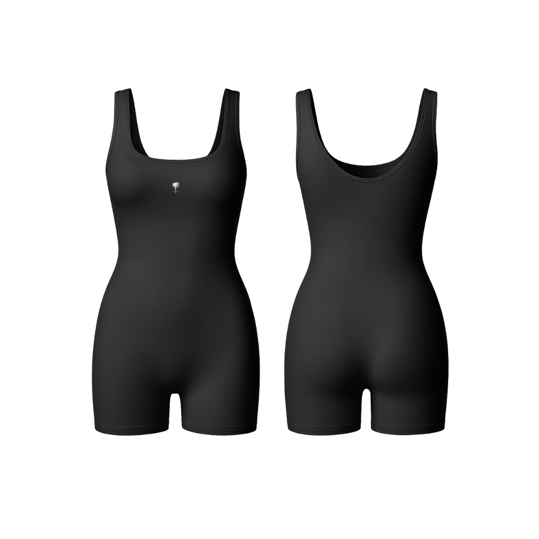 Seamless Jet Black full-length sculpting one-piece with smooth compression and minimalist design, shown from front and back on a white background.